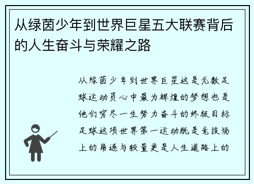 从绿茵少年到世界巨星五大联赛背后的人生奋斗与荣耀之路
